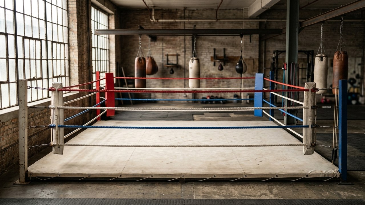 AI-generated photorealistic context: A wide professional camera view of an empty, realistic boxing ring inside a training gym, with ropes, canvas and natural window light